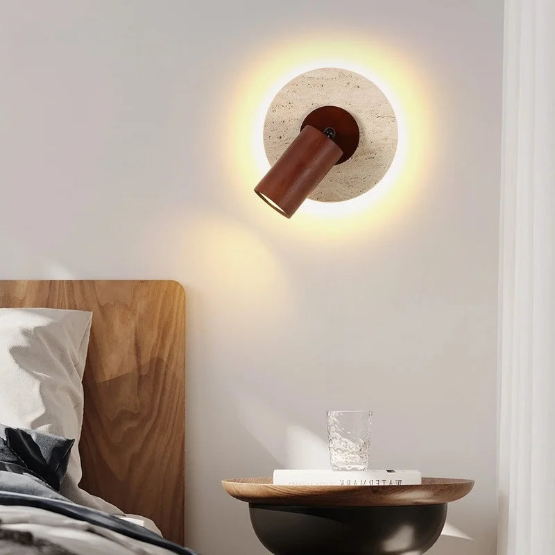 Axyaa Wabi Sabi LED Wall Lamp Yellow Travertine Wood Lampshade, Bathroom Mirror Light