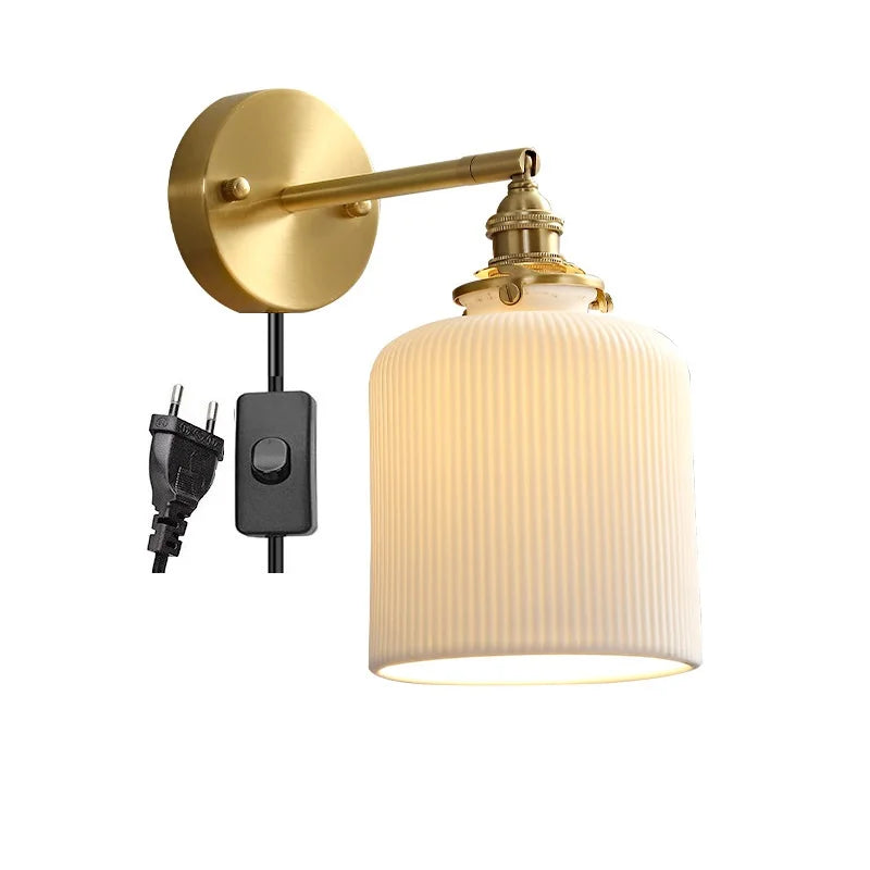 Axyaa Ceramic LED Wall Lamp with Pull Chain Switch - Modern White Black Copper Mirror Light