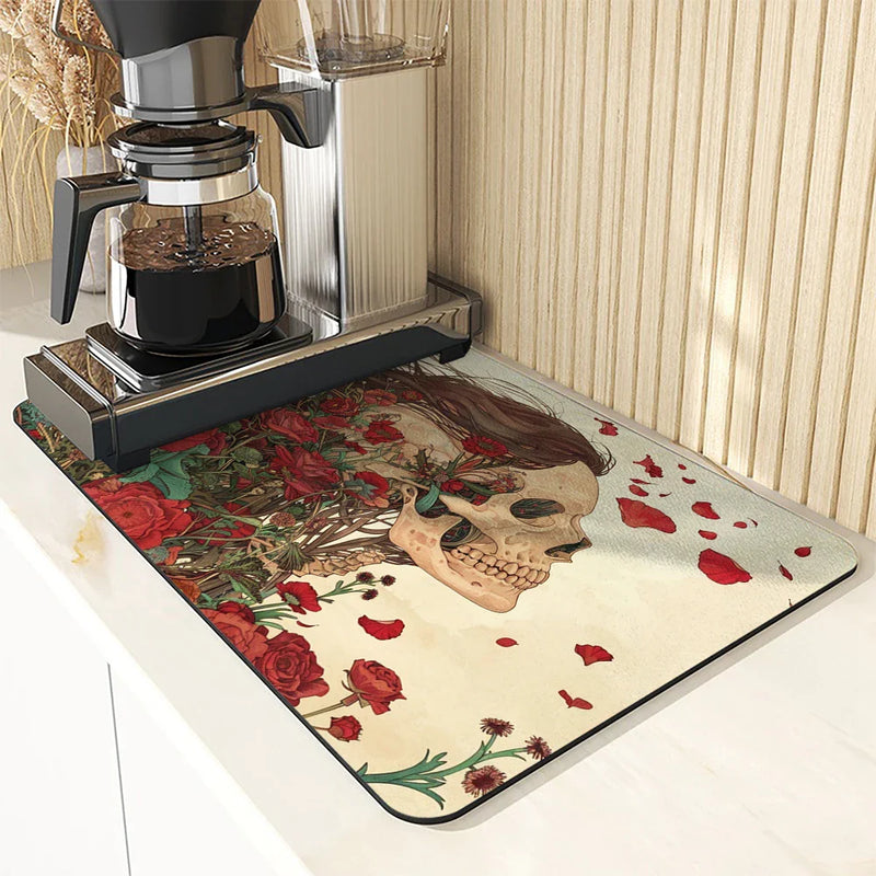 Axyaa Floral Skull Absorbent Dish Drying Mat with Rubber Backing