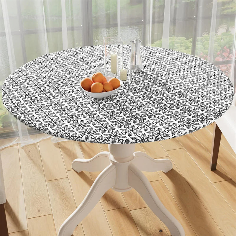 Axyaa Waterproof Fitted Round Vinyl Tablecloth for Outdoor Picnics and Camping