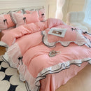 Axyaa Princess Seersucker Bedding Set with Lace Ruffle, Double Queen Twin Sheets