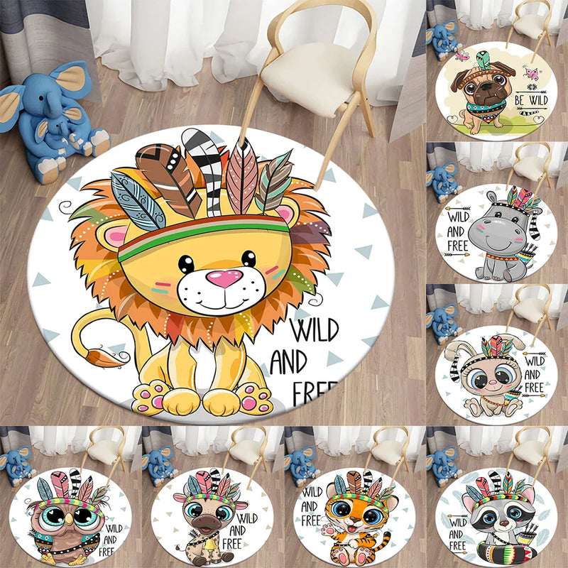 Axyaa Lion Cartoon Animal Round Carpet for Living Room Children's Bedroom