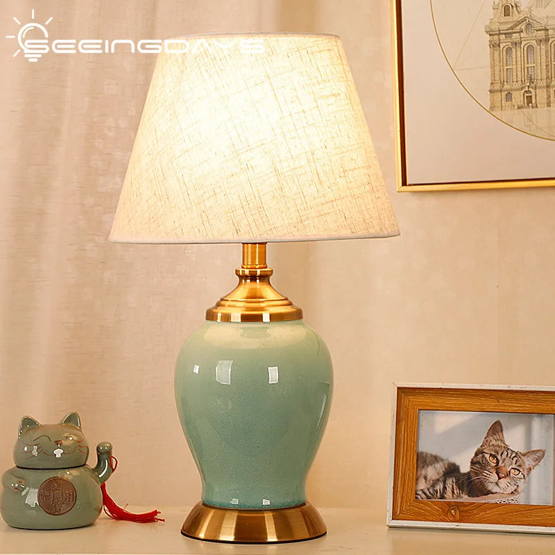 Axyaa Simple Modern New Chinese Ceramic Table Lamp for Bedroom and Living Room