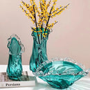 Axyaa Blue Wavy Lace Glass Vase & Fruit Plate Set for Living Room Decor