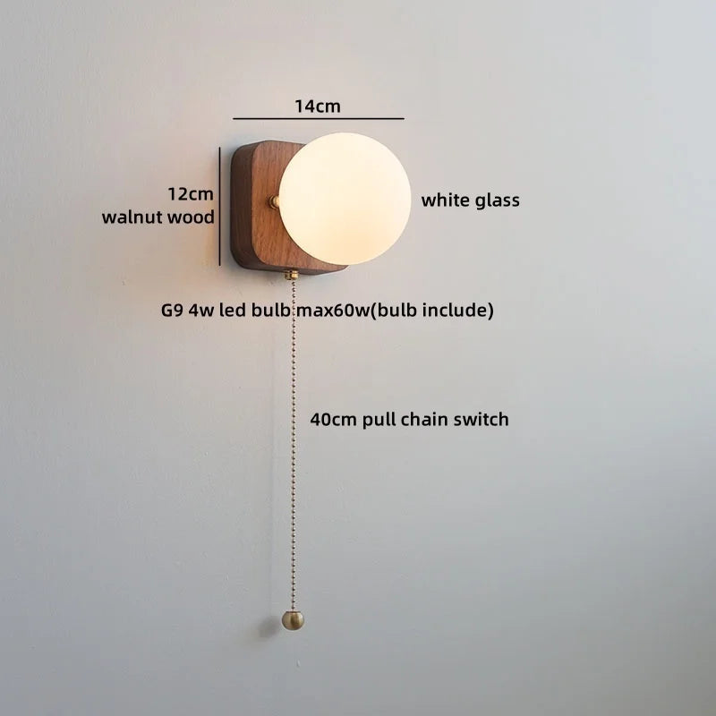 Axyaa Walnut Wood Glass Wall Lamp - Spherical Indoor Light for Living Room, Bathroom & Stairs