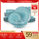Axyaa Handpainted Blue Spiral Dinnerware Set - 24/48 Pieces