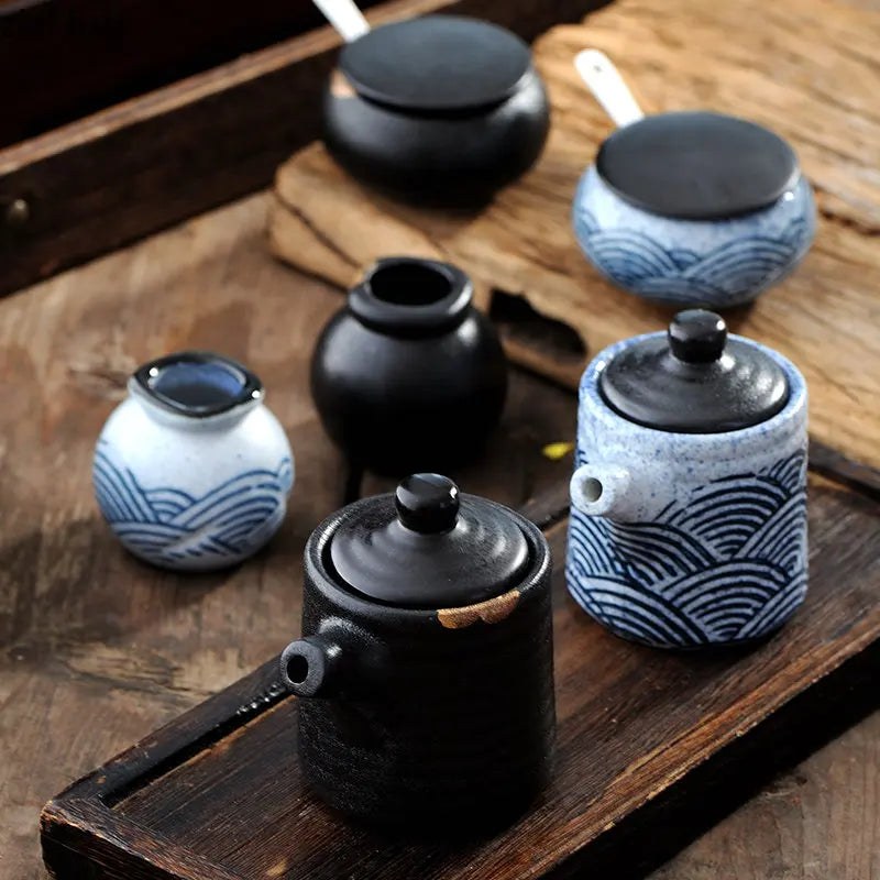 Axya Ceramic Spice Jars Set with Wooden Tray - Kitchen Seasoning Organizer