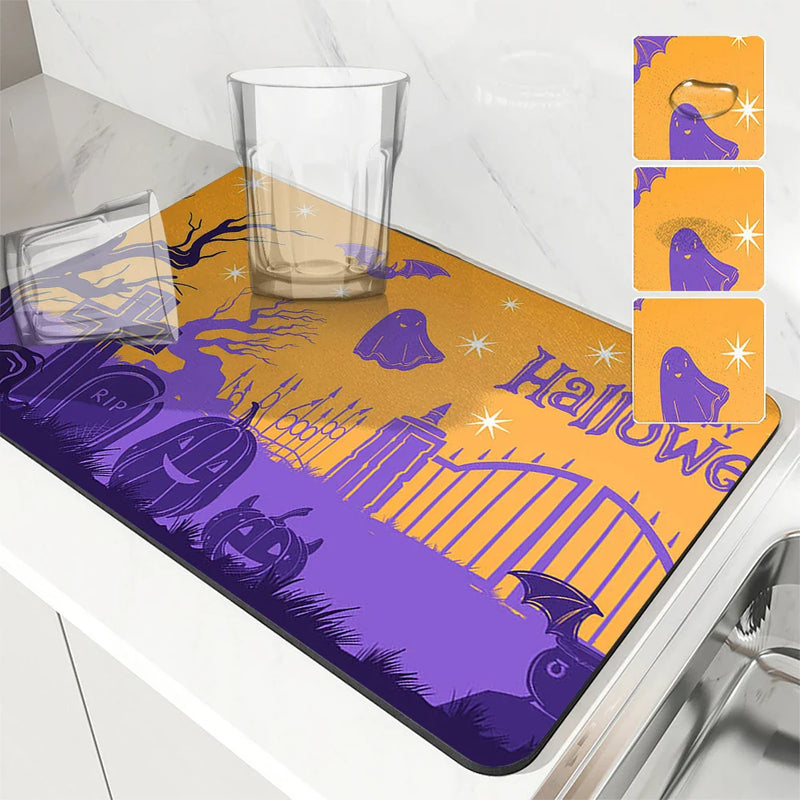 Axyaa Halloween Kitchen Draining Mat: Absorbent & Antiskid.