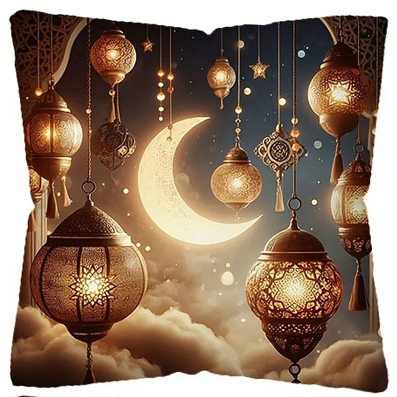 Axyaa Ramadan Pillow Cover: Fasting Lamp & Crescent Moon Design