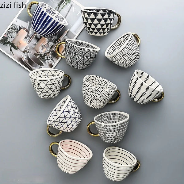 Axya Irregular Geometric Ceramic Coffee Cup with Gold Handle, Black & White Pattern