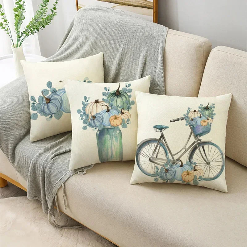 Big Blue Pumpkin Bike White Pillowcase Set for Home Decor - Axyaa