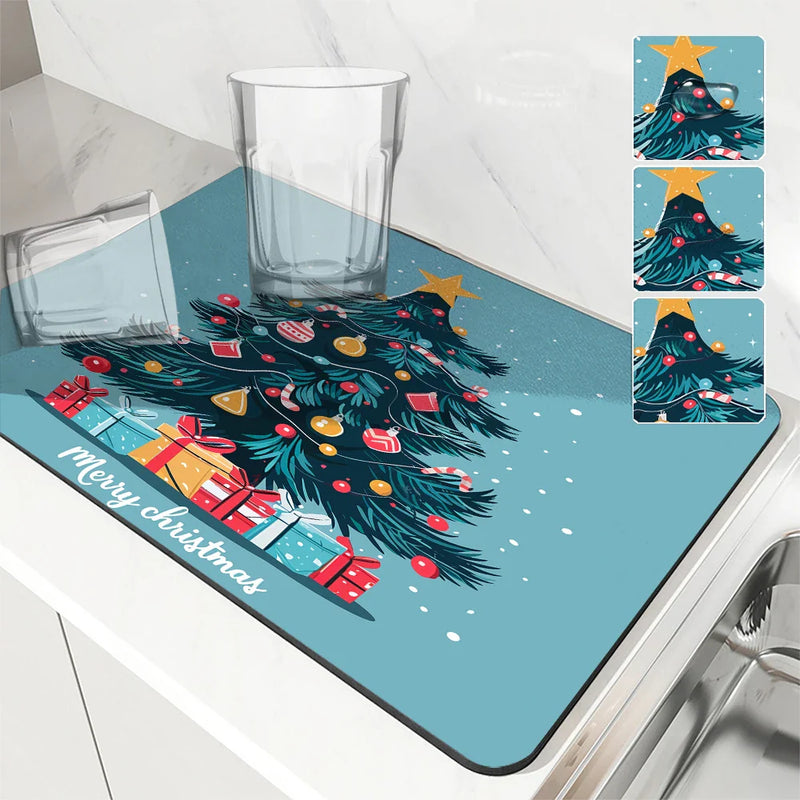 Axyaa Christmas Tree Absorbent Drying Mat - Quick Dry, Antiskid Tableware Mat