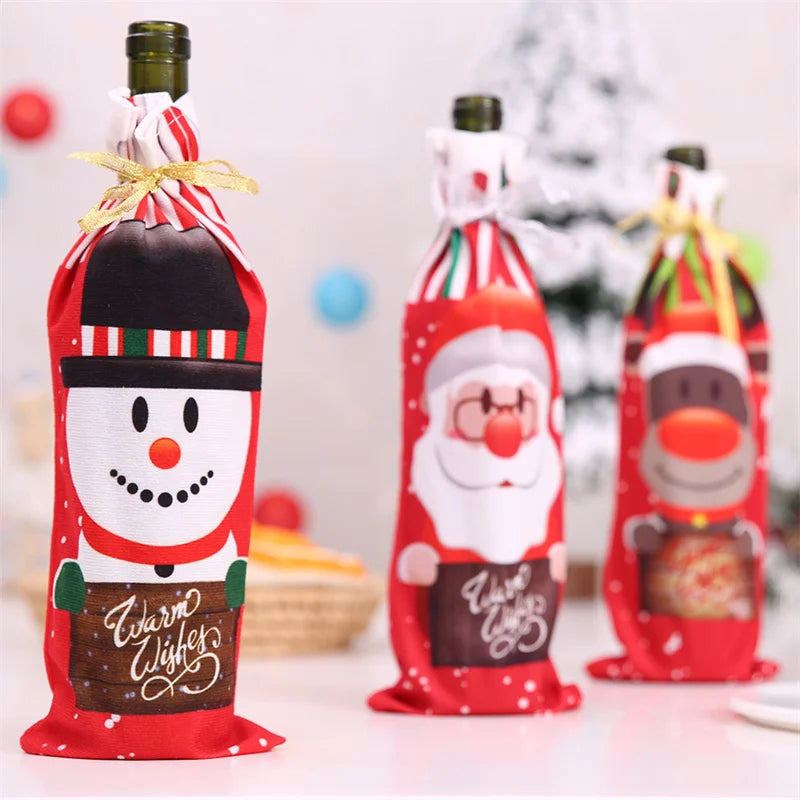 Axyaa Christmas Wine Bottle Covers Santa Claus Snowman Elk Xmas Table Festival Decoration