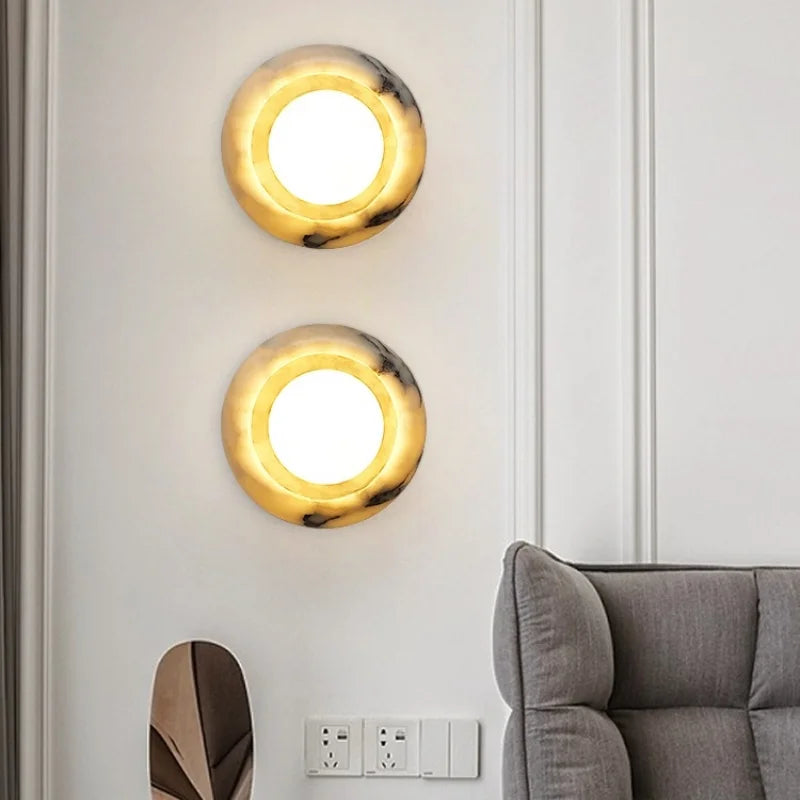 Axyaa Round Bulgari Stone LED Wall Lamp with Switch, White Glass Ball, Nordic Modern