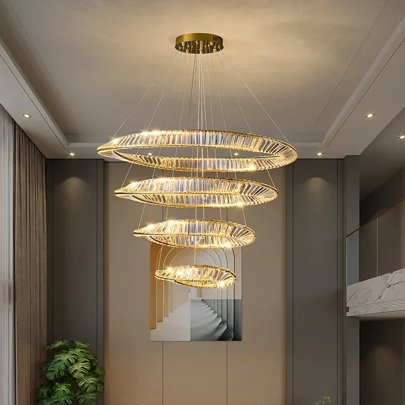 Axyaa Crystal LED Pendant Chandelier for Living and Bedroom, Modern Luxury Gold Lighting