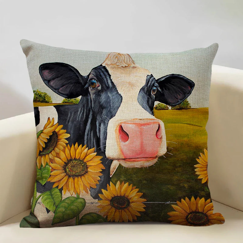 Axyaa Cattle and Sheep Cushion Cover for Home Decor - 45x45cm Linen Pillow