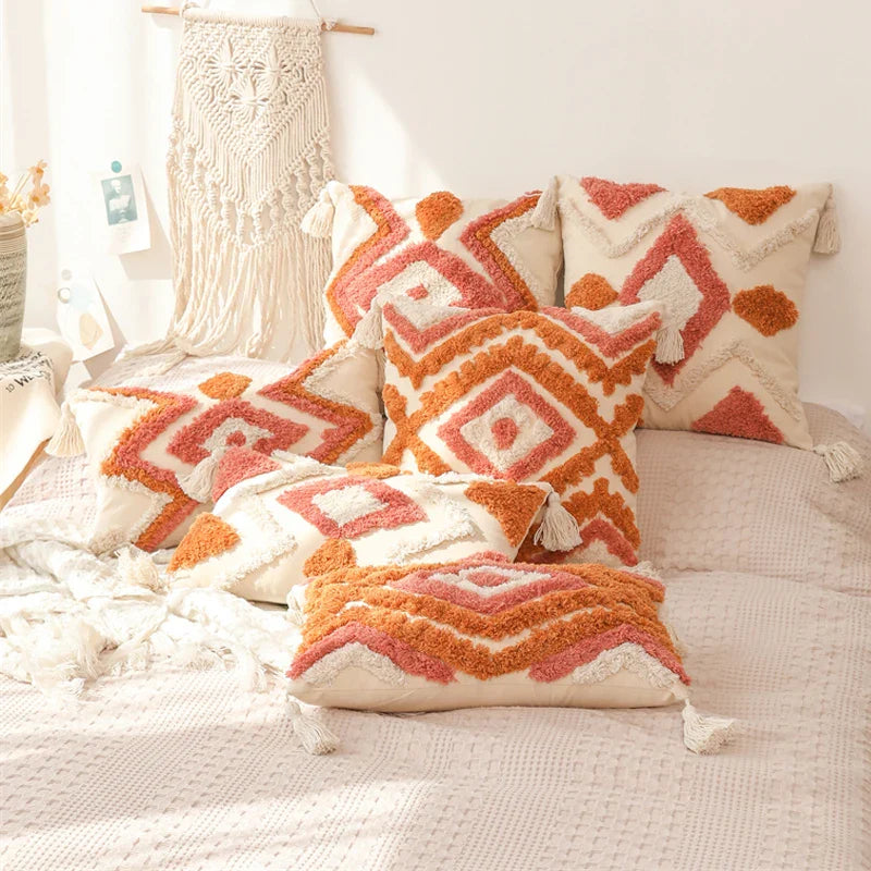 Axyaa Tufted Tassel Boho Cushion Cover in Warm Colors
