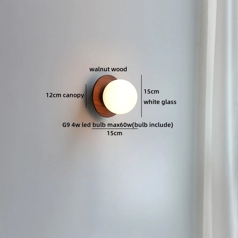 Axyaa Nordic LED Walnut Wood Glass Ball Wall Sconce with Pull Chain Switch
