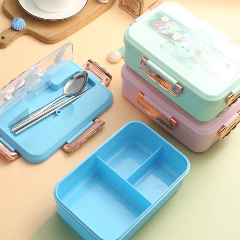 Axyaa Cartoon Pattern Bento Box with Cutlery, 3 Grid, Microwave-Safe Office Lunch Box