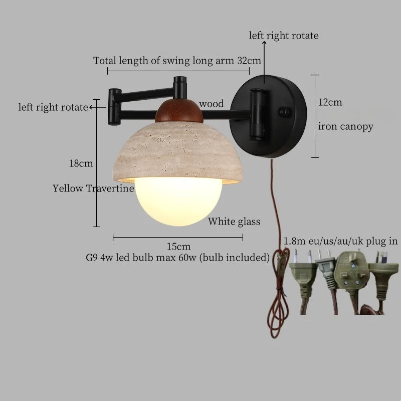 Axyaa Nordic Minimalism LED Wall Sconce Yellow Travertine Pull Chain Switch