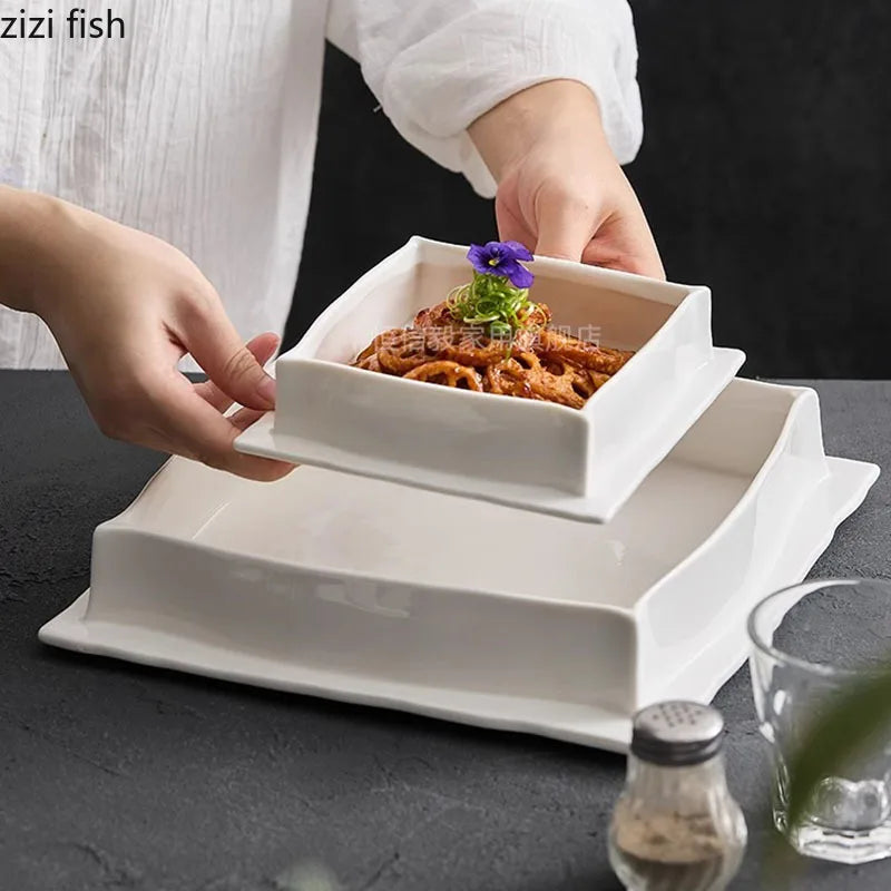 Axya White Ceramic Square Dining Plate for Molecular Cooking and Specialty Tableware