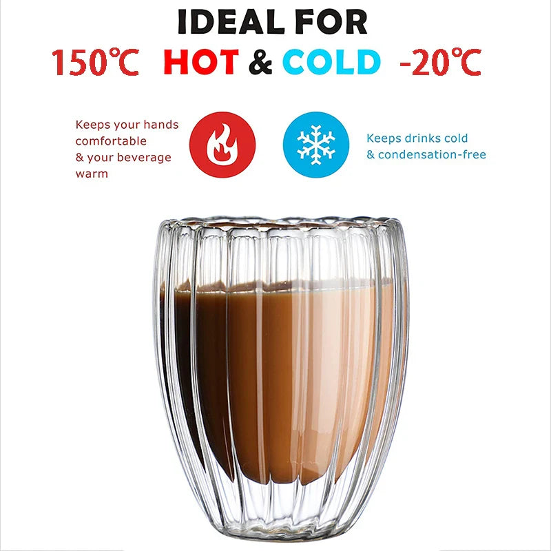 Axya Striped Double Wall Glass Mug for Coffee Tea Espresso Wine.