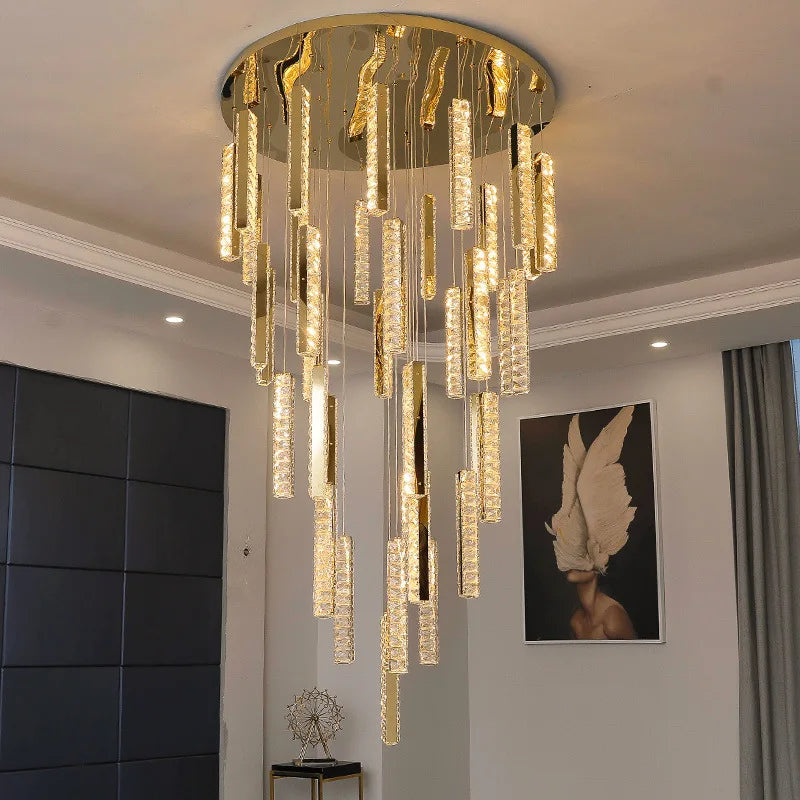 Axyaa Gold Chrome Steel Dimmable LED Pendant Lights with K9 Crystal Lustre for Villa Stairs