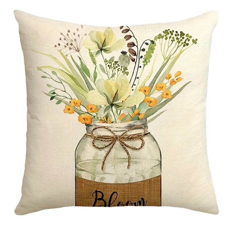 Axyaa Plant Flower Print Pillowcase - Green Polyester Cushion Cover