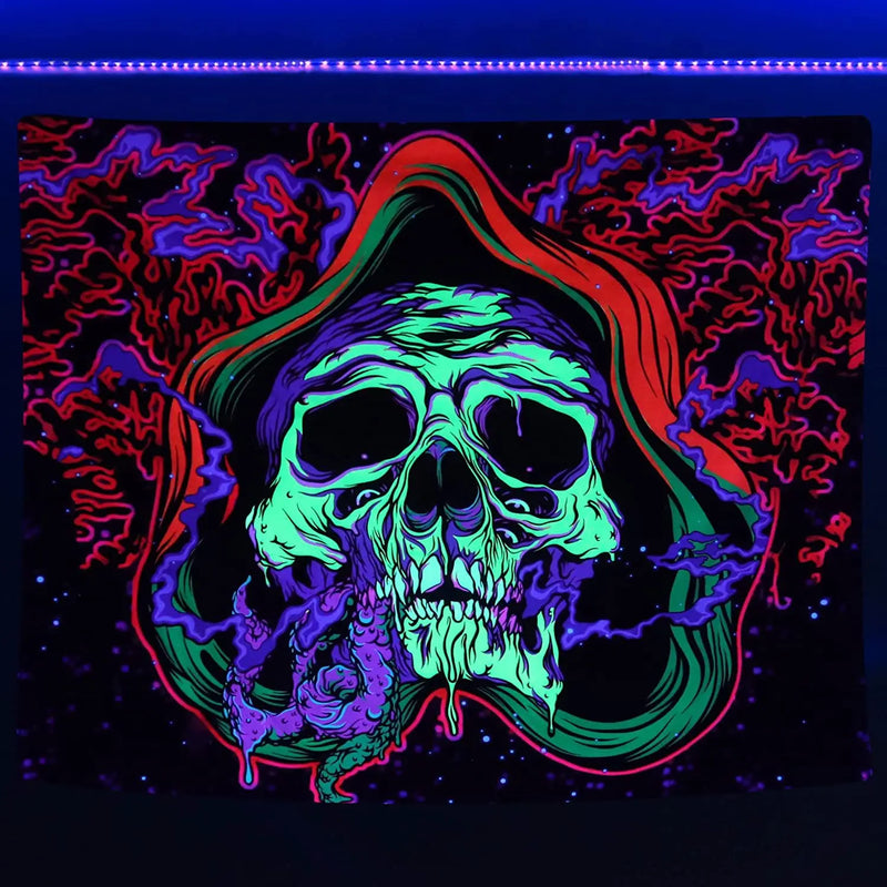 Axyaa Psychedelic Skull Head UV Reactive Tapestry Wall Hanging