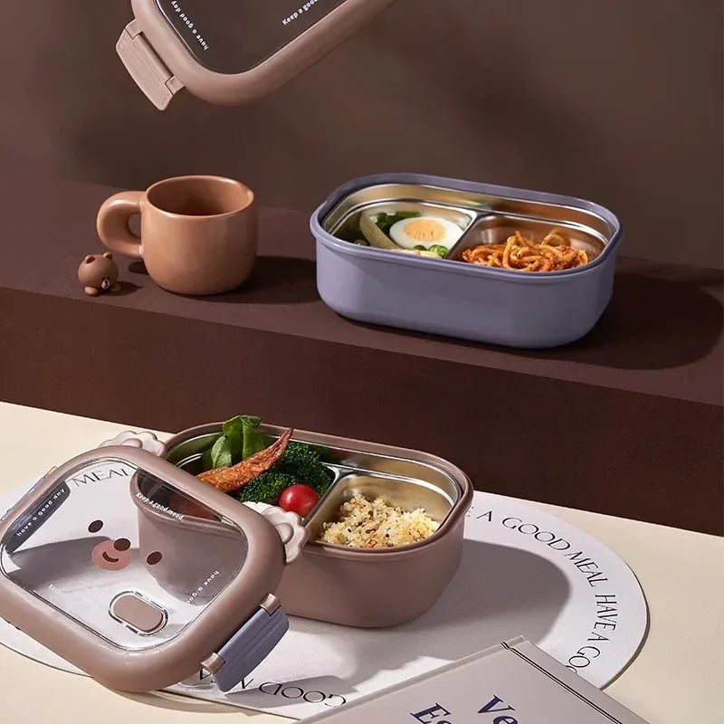 Axyaa Bear Lunch Box: Stainless Steel Portable Sealed Food Container for Kids & Office