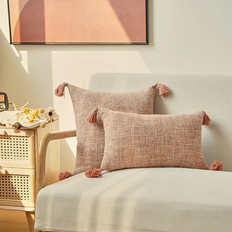 Orange Linen Tassels Cushion Cover by Axyaa: Decorative Pillow for Living Room, Bed, Sofa