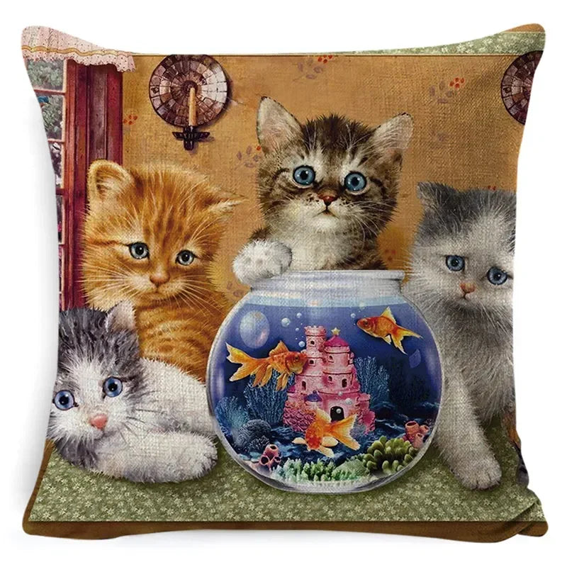 Cute Cat Pattern Linen Cushion Cover by Axyaa for Home Decor