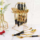 Axyaa Gold Ceramic Dinnerware Set with Stainless Steel Flatware & Cutlery in Luxe Storage Rack