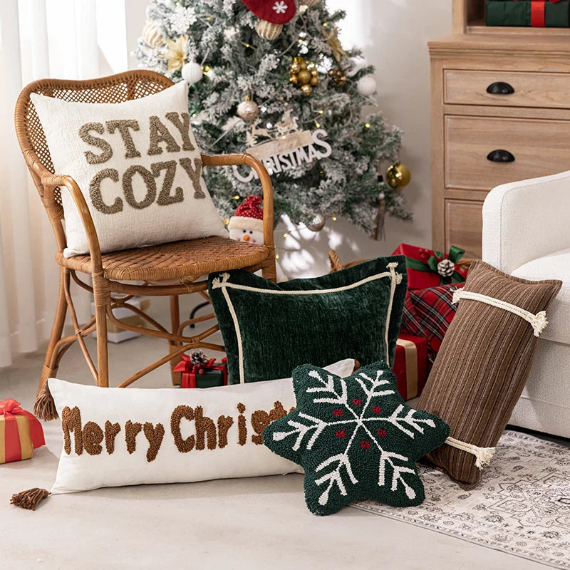 Axyaa Christmas Cushion Cover Snowflake Tree Green Red Checked Tassels