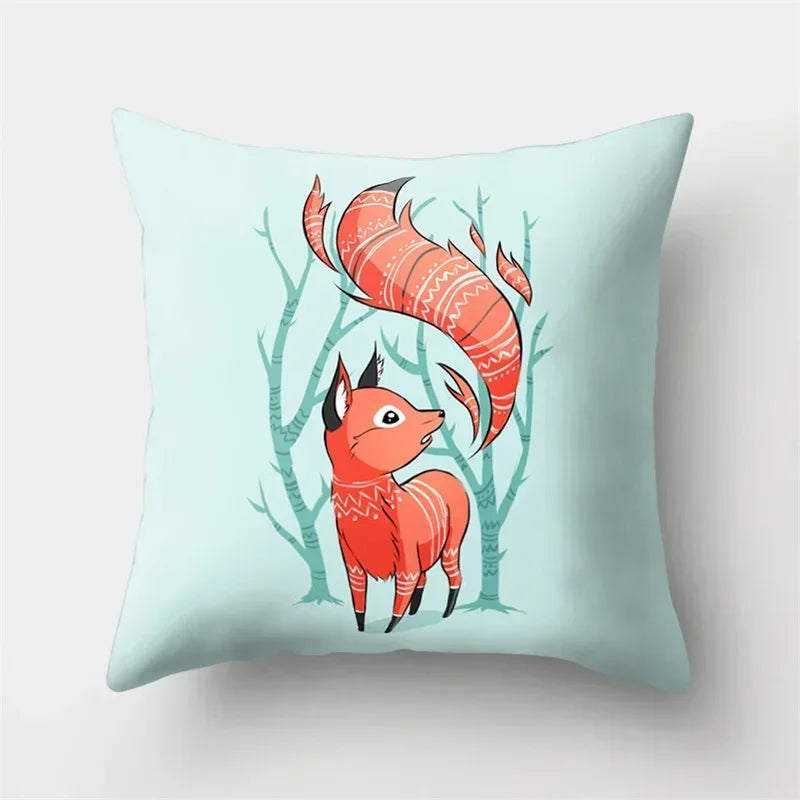 Fox and Bird Polyester Pillowcase by Axyaa: Cartoon Landscape Cushion Cover for Sofa