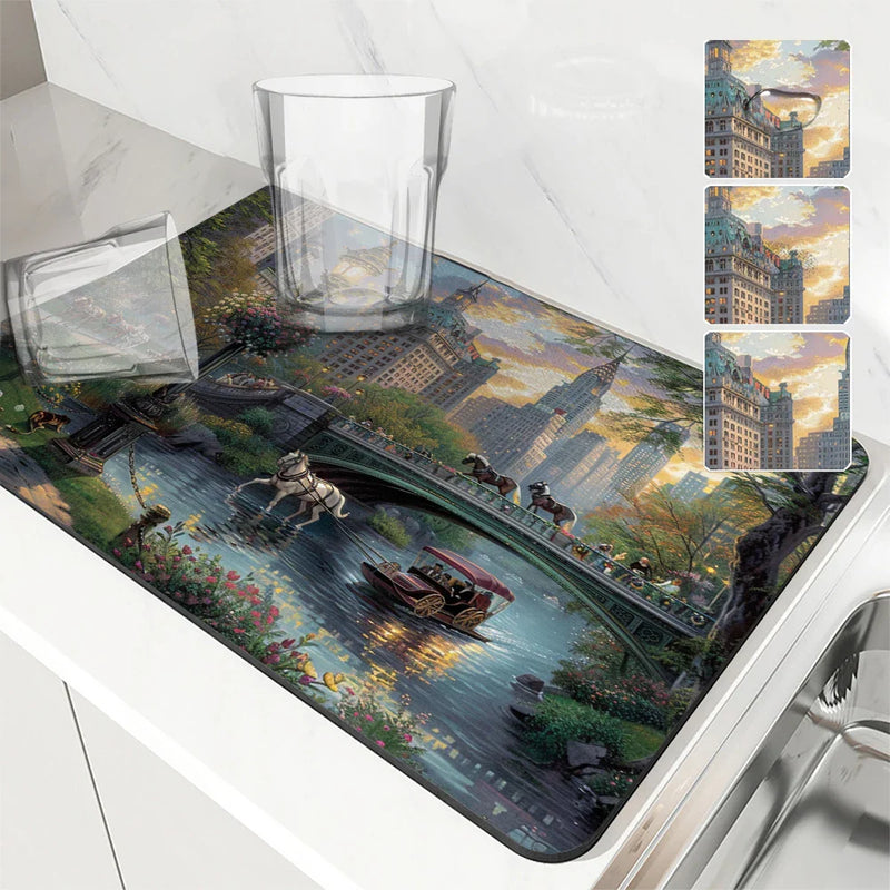 Axyaa Cityscape Absorbent Kitchen Mat - Antiskid & Quick Dry Dish Drying Pad