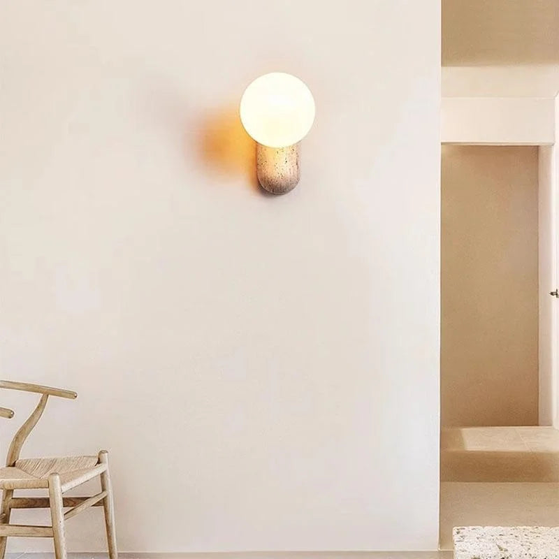 Axyaa Wabi Sabi LED Wall Light Yellow Travertine Stone Glass Ball Wandlamp