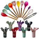 Axyaa 12PCS Silicone Kitchen Utensils Set with Wooden Handle - Non-Stick Cookware & Egg Beaters
