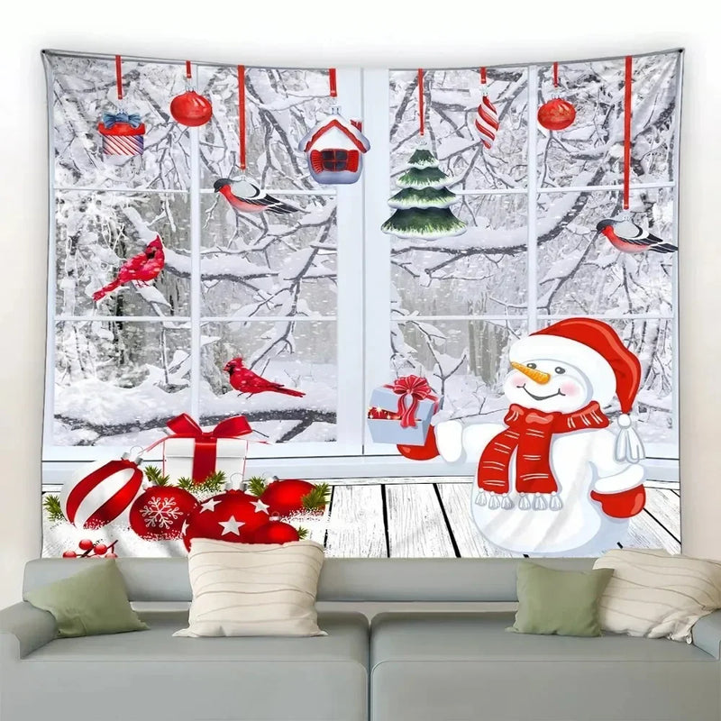 Axyaa Christmas Tapestry: Festive Snowman & Tree Print for Home Decor