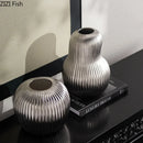 Axyaa Matte Silver Ceramic Striped Vase Room Decoration Artificial Flowers Bouquet