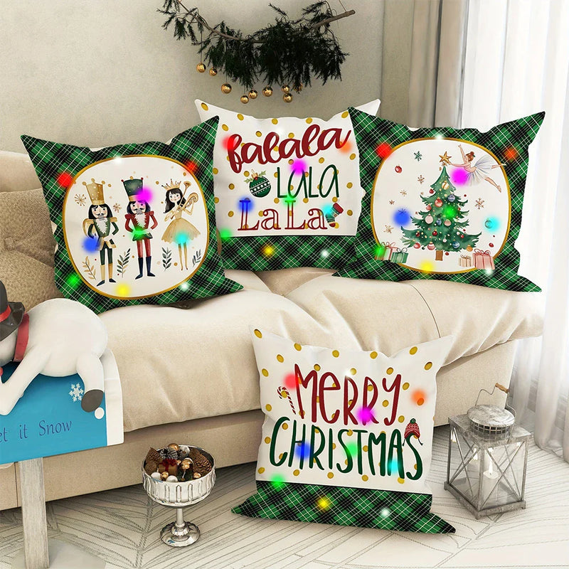 Axyaa Nutcracker Green Plaid LED Pillowcase for Christmas Party and Home Decor