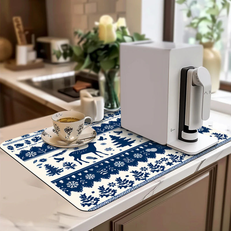 Christmas Deer Silhouette Non-Slip Drying Mat for Kitchen Counters and Tables by Axyaa