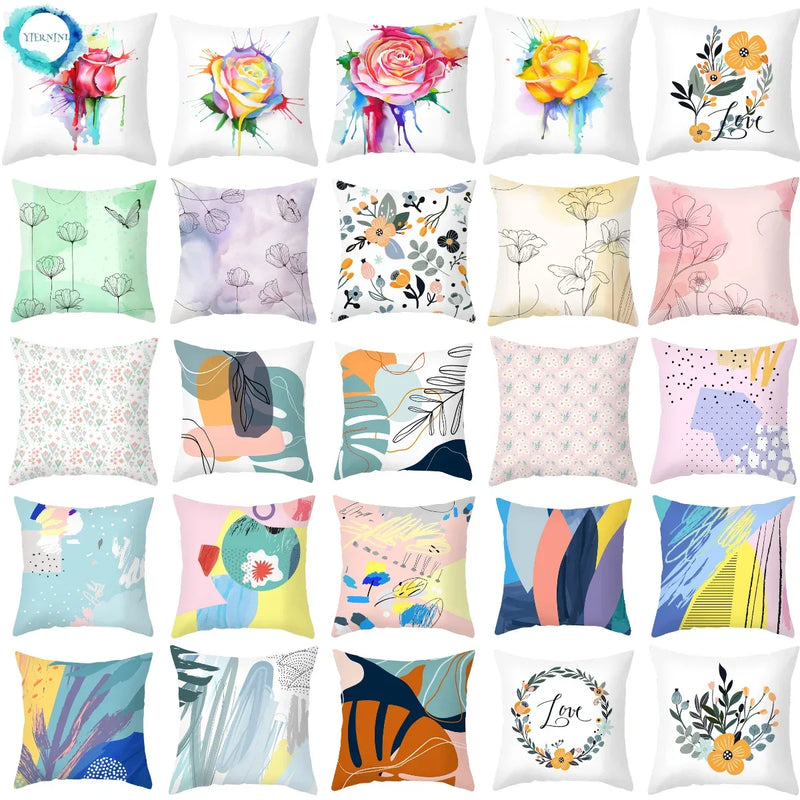Axyaa Pink Blue Abstract Plants Floral Pillows Case - Modern Art Decor Sofa Couch