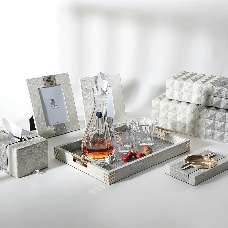 Axya Leather Desk Set: Tissue Box, Photo Frame, Jewelry Box, Ashtray, Home Decor