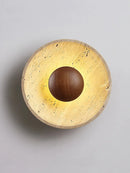 Axya Stone Round Wall Lamp, Retro Japanese Cream Style, Walnut Color for Living Room