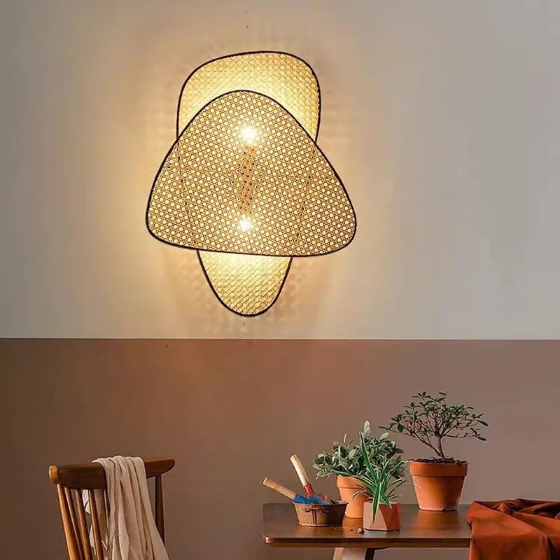 Axyaa Rattan Wicker Chandelier Kitchen Leaf Grid Wood Bamboo Lamp