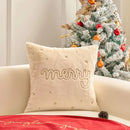 Axyaa White Faux Rabbit Fur Christmas Pillow Cover, Gold Snowman Snowflakes Embroidery