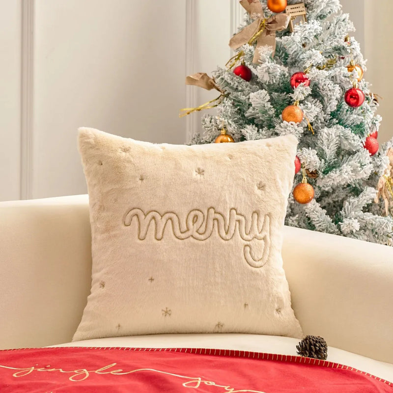 Axyaa White Faux Rabbit Fur Christmas Pillow Cover, Gold Snowman Snowflakes Embroidery