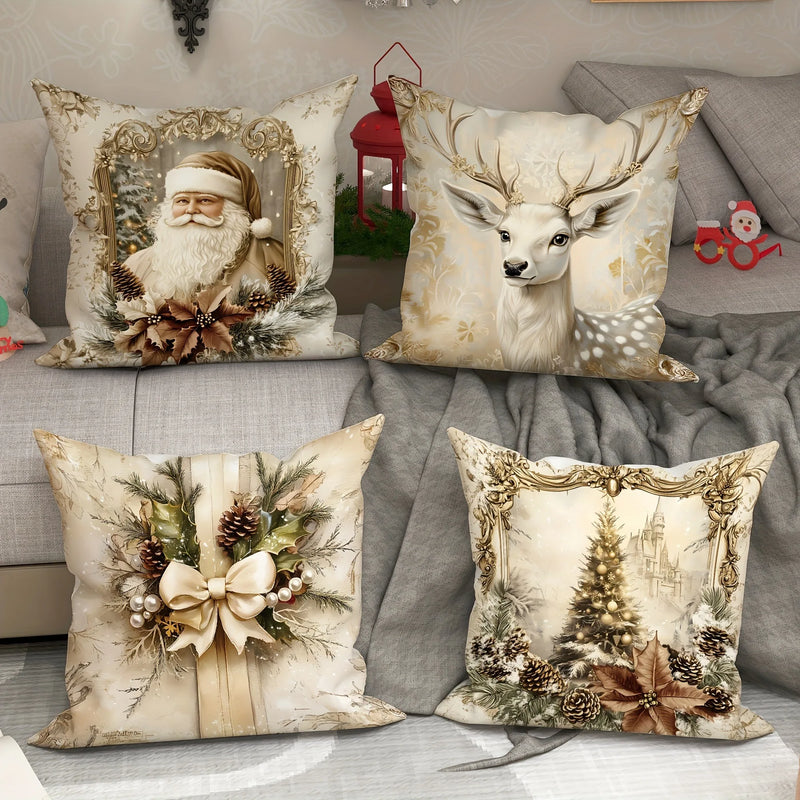 Axyaa Christmas Pillowcase Set for Home Decor - Santa Claus Reindeer Tree Design