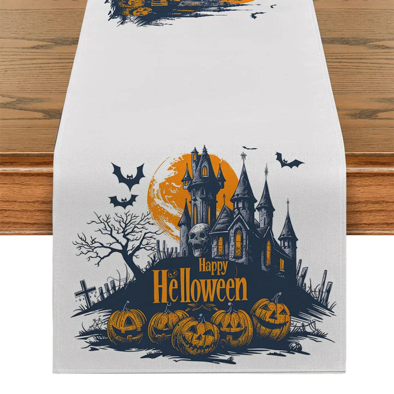 Axyaa Halloween Pumpkin Head Castle Skull Table Runner Farmhouse Kitchen Decor